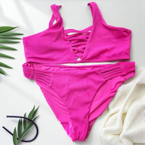 Hot Pink Strappy Bikini Set – Ribbed Texture | S/M Fit | No Tag - Picture 2 of 5